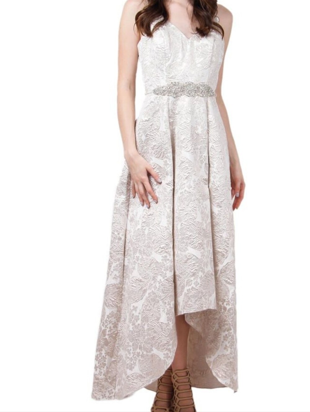 Cachet Ivory and Champagne High-Low V-Neck Dress with Beaded Waist